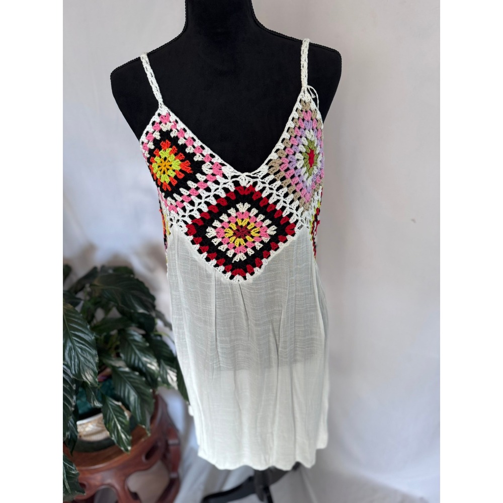 Boho Crochet Granny Square Mini‎ Dress White Multi Color V-Neck Summer One Size